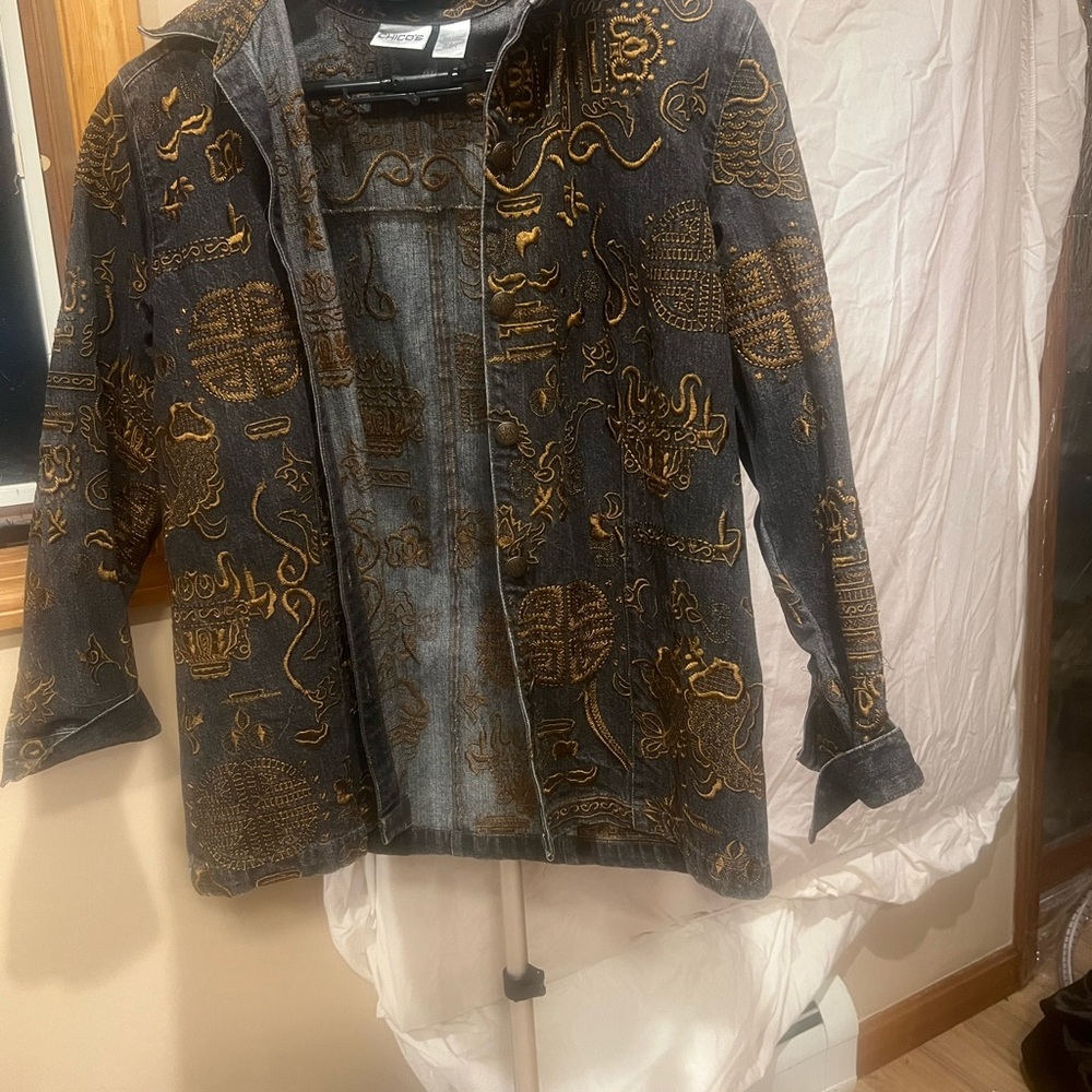 Chico's Charcoal and Gold Embroidered Blazer